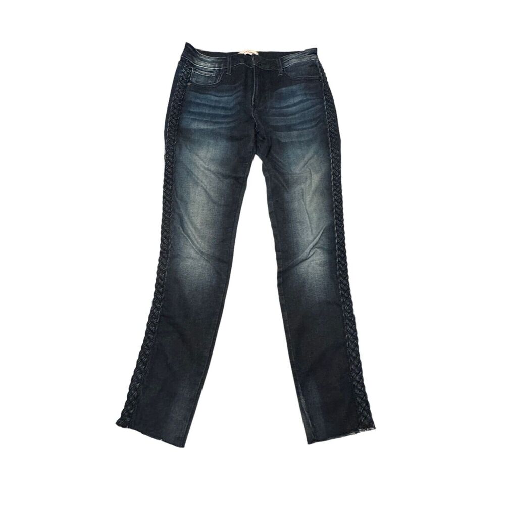 Driftwood Jackie Skinny Jeans Women's Size 27 Blue Braided Side Striped Raw Hem